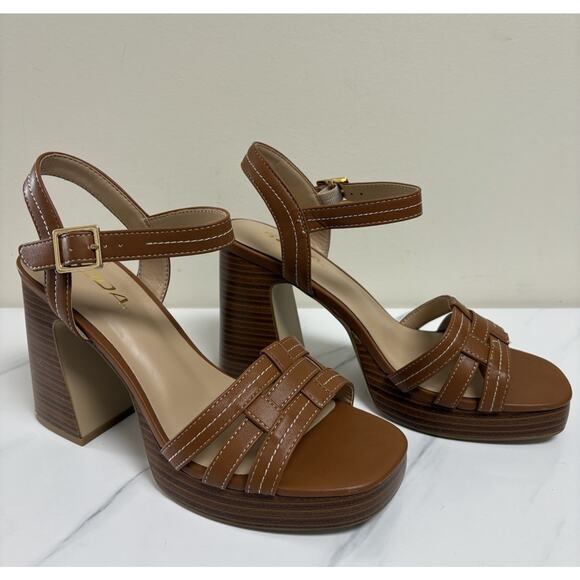 Soda Brown Strappy Block Heel Platform Sandals Women’s Size 9 Square Toe - Picture 1 of 7